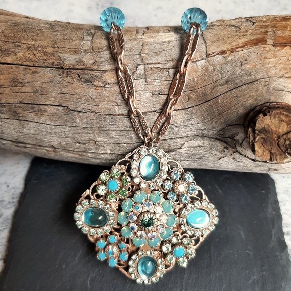 Vintage Signed Lizpaiacios SF Gold Tone & Blue Pendant Necklace - Picture 1 of 11